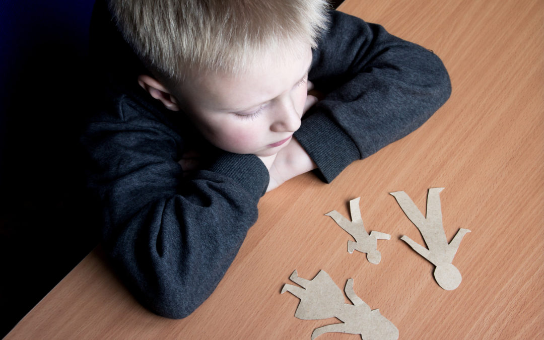 Visitation Schedule Confused child with broken paper family